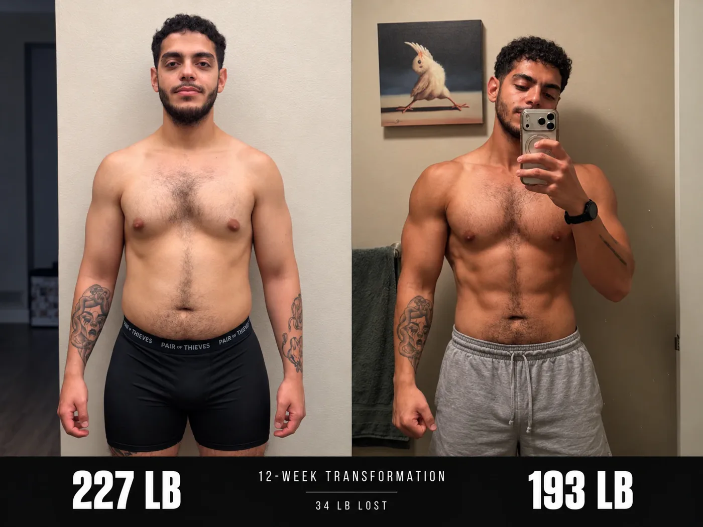 Kaz before and after a 12 week transformation, 227 lb to 193 lb